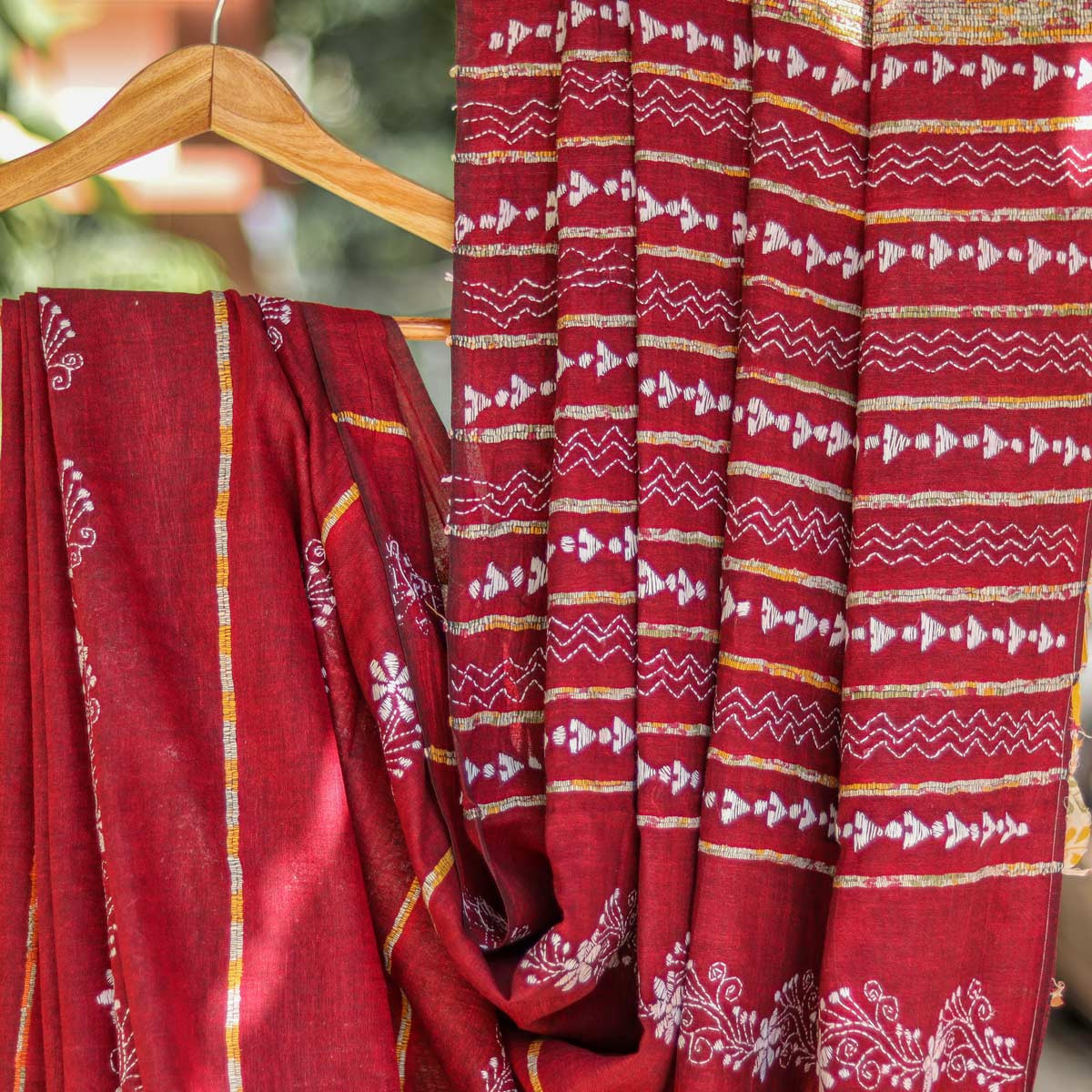 Maroon Kantha-stitch Cotton Saree