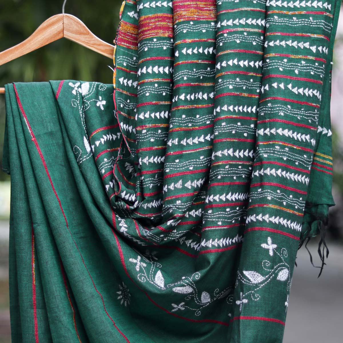 Green Cotton Kantha Stitch Saree