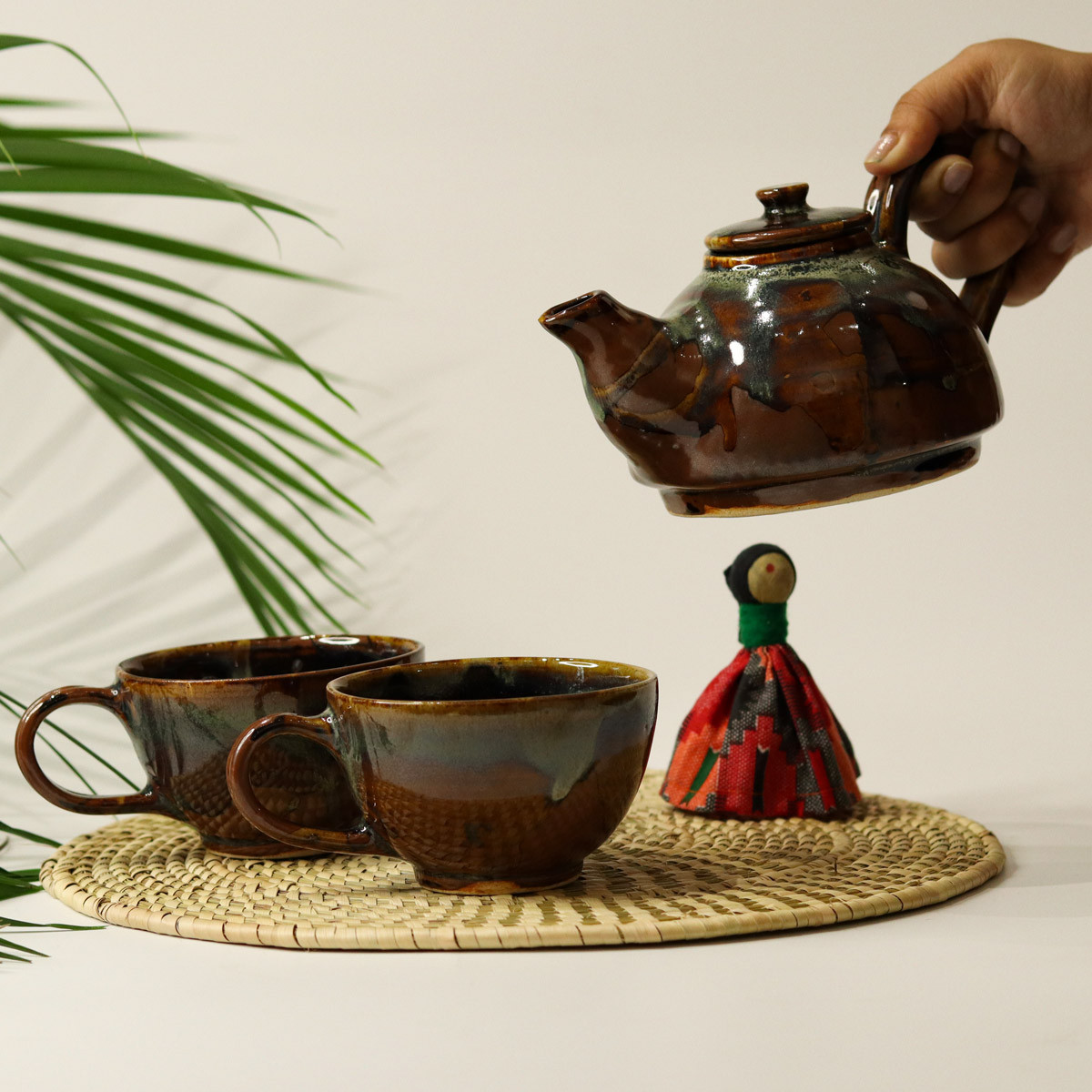 Double Teapot with 2 Cups (Brown)