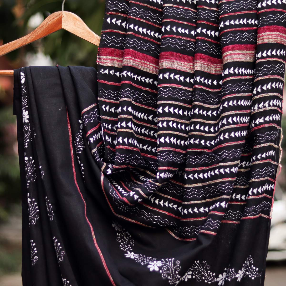 Kantha-stitch Black Cotton Saree