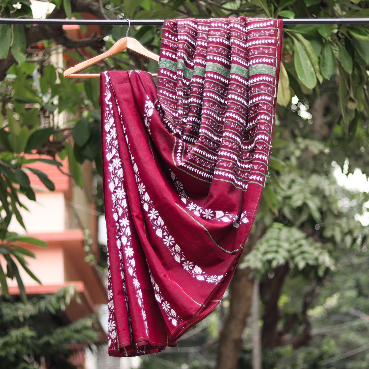 Red Kantha-stitched Saree