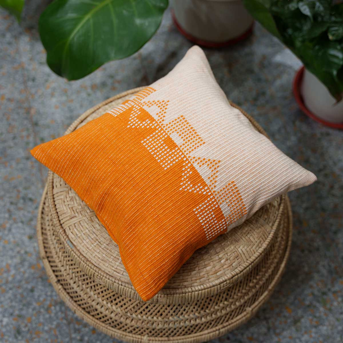 Handwoven Dhokra Cushion Cover (Orange)- 12"