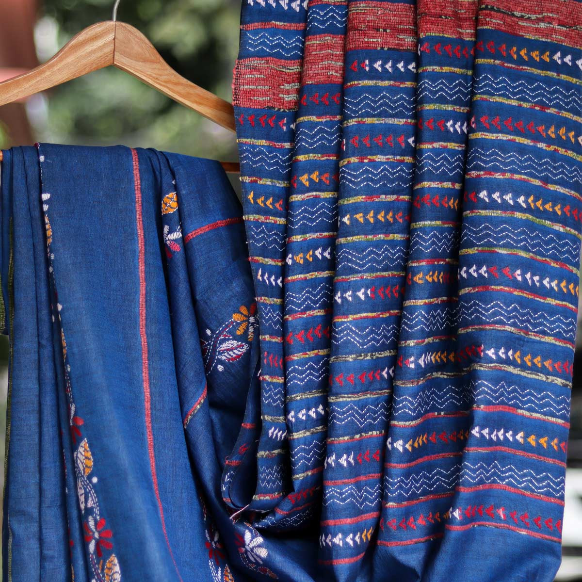 Blue Cotton Kantha Stitch Saree