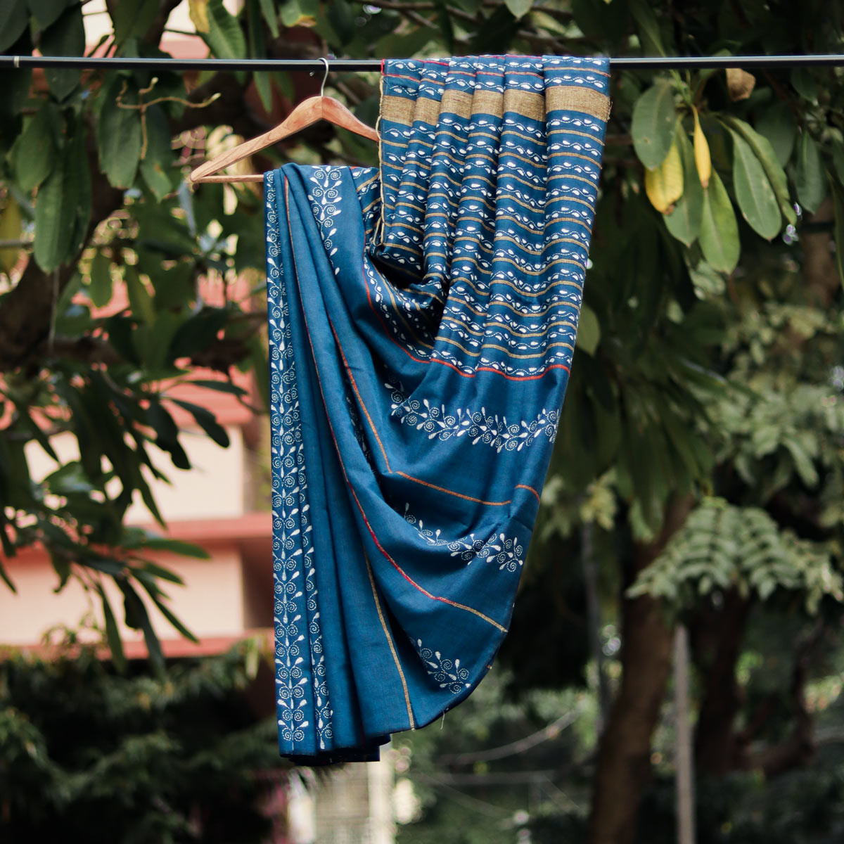 Blue Cotton Kantha Stitch Pattern Saree 