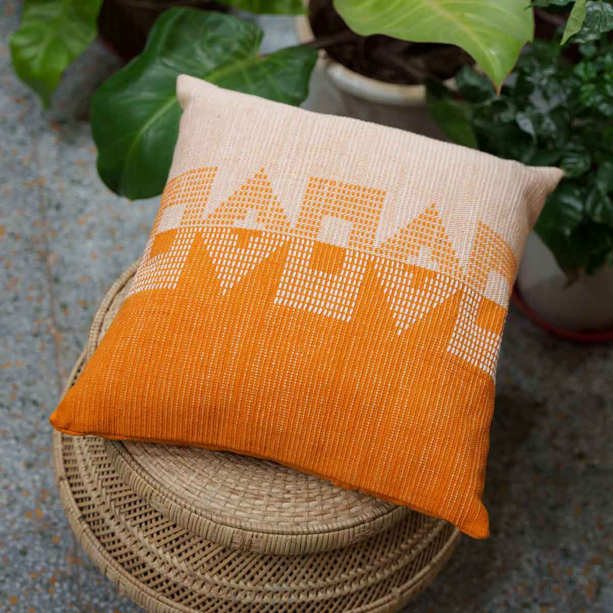 Handwoven Dhokra Cushion Cover (Orange)- 16"