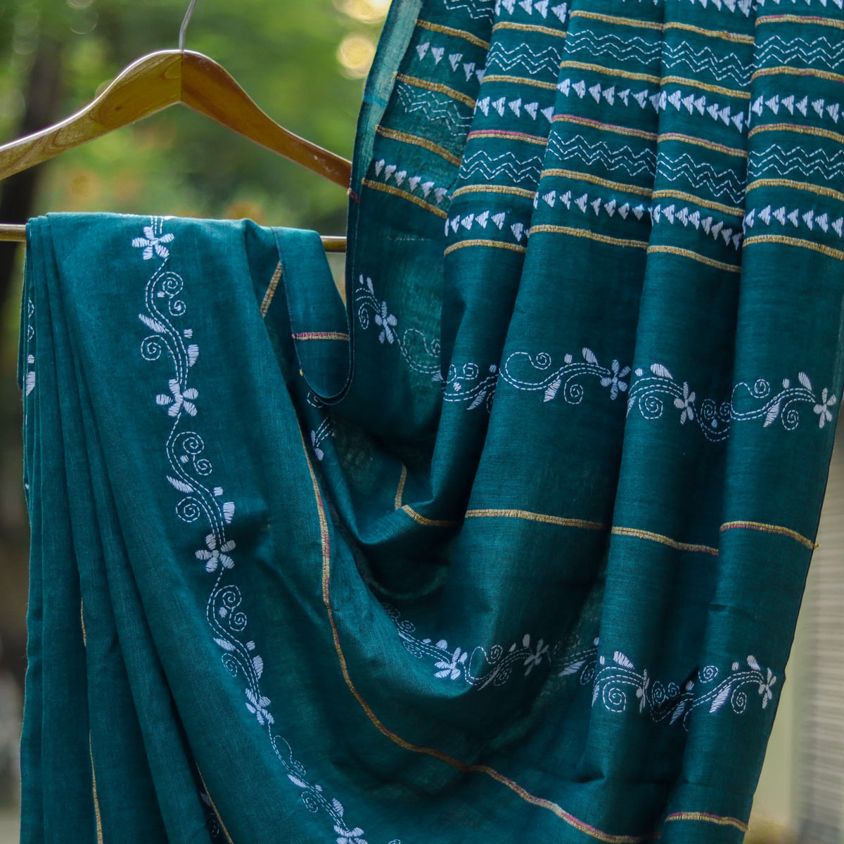 Teal Kantha-stitch Saree