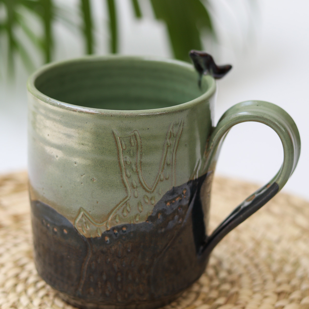 Ceramic Etched Cup with bird (Moss Green)