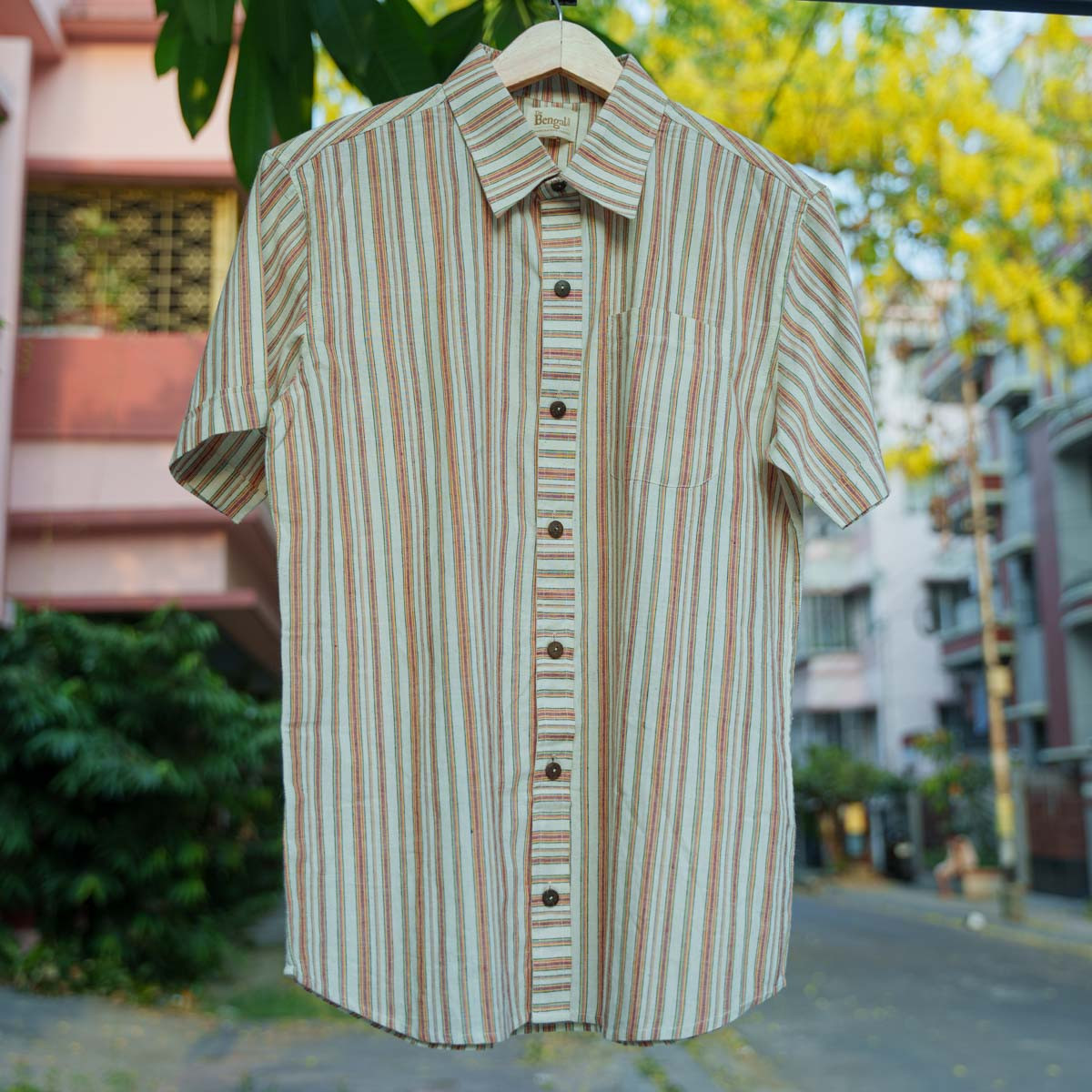 Orange Stripe Cotton Half Sleeve Shirt-44