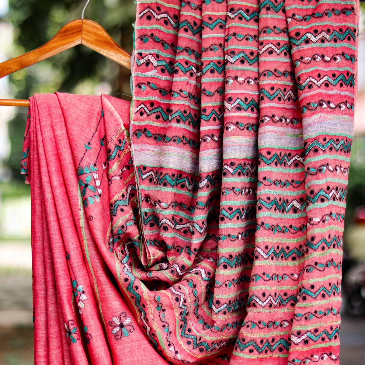 Pink Cotton Kantha Stitch Saree