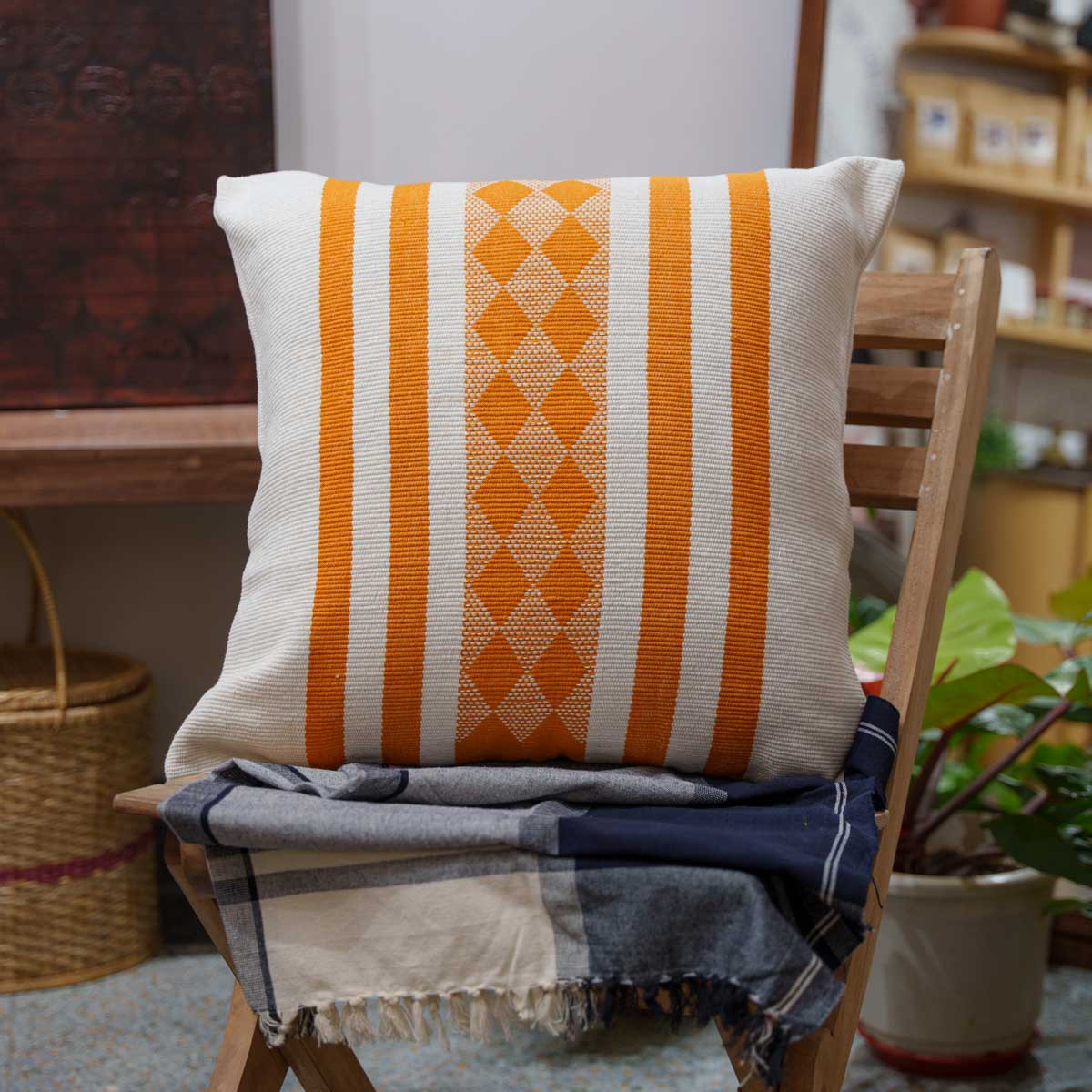 Handwoven Dhokra Cushion Cover (Orange)- 22"