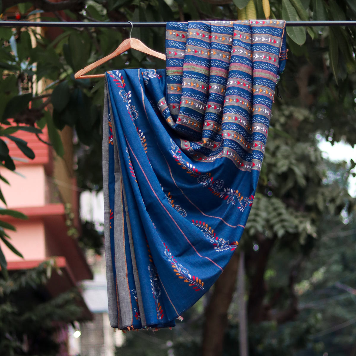 Blue Cotton Kantha Stitch Saree