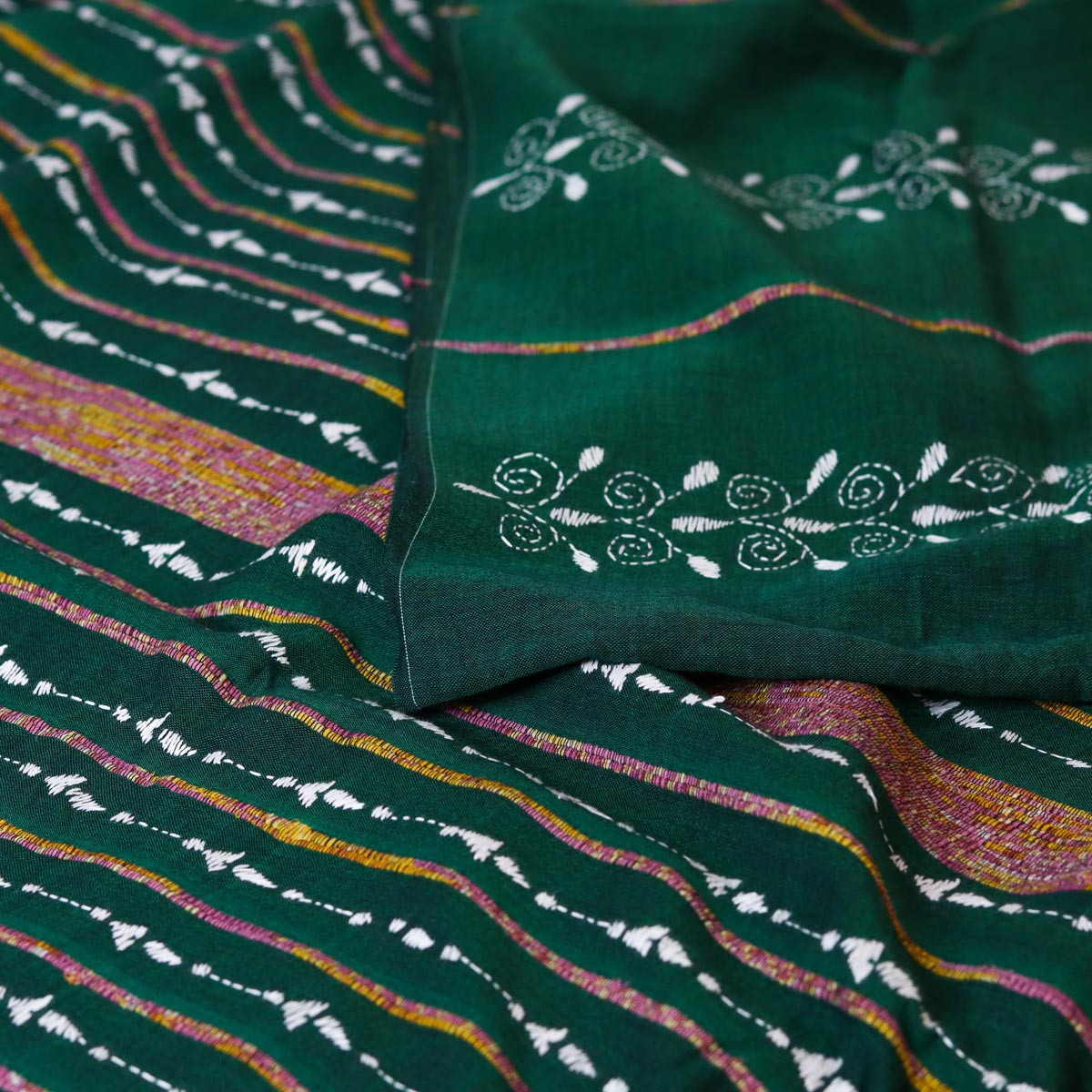 Green Cotton Kantha Stitch Saree