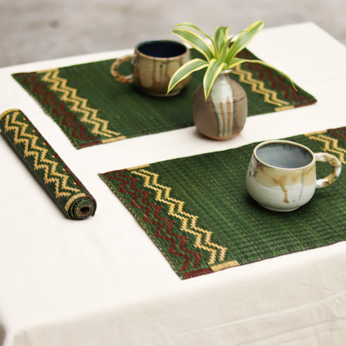 Handwoven Madur Mats Green- Set of 4