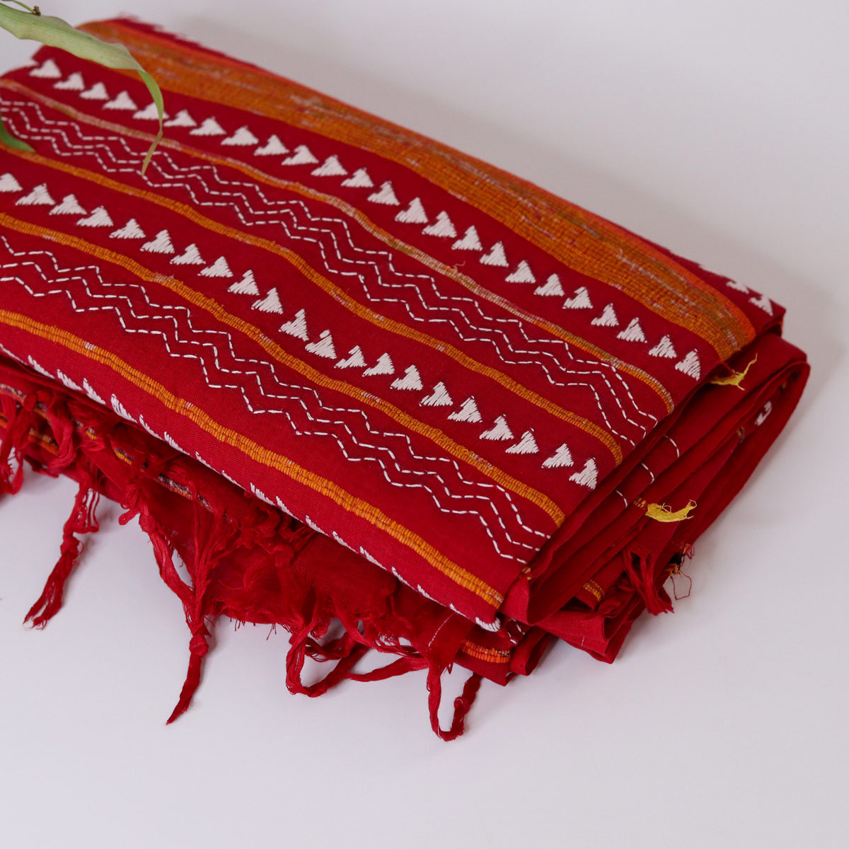 Red Cotton Kantha Stitch Saree