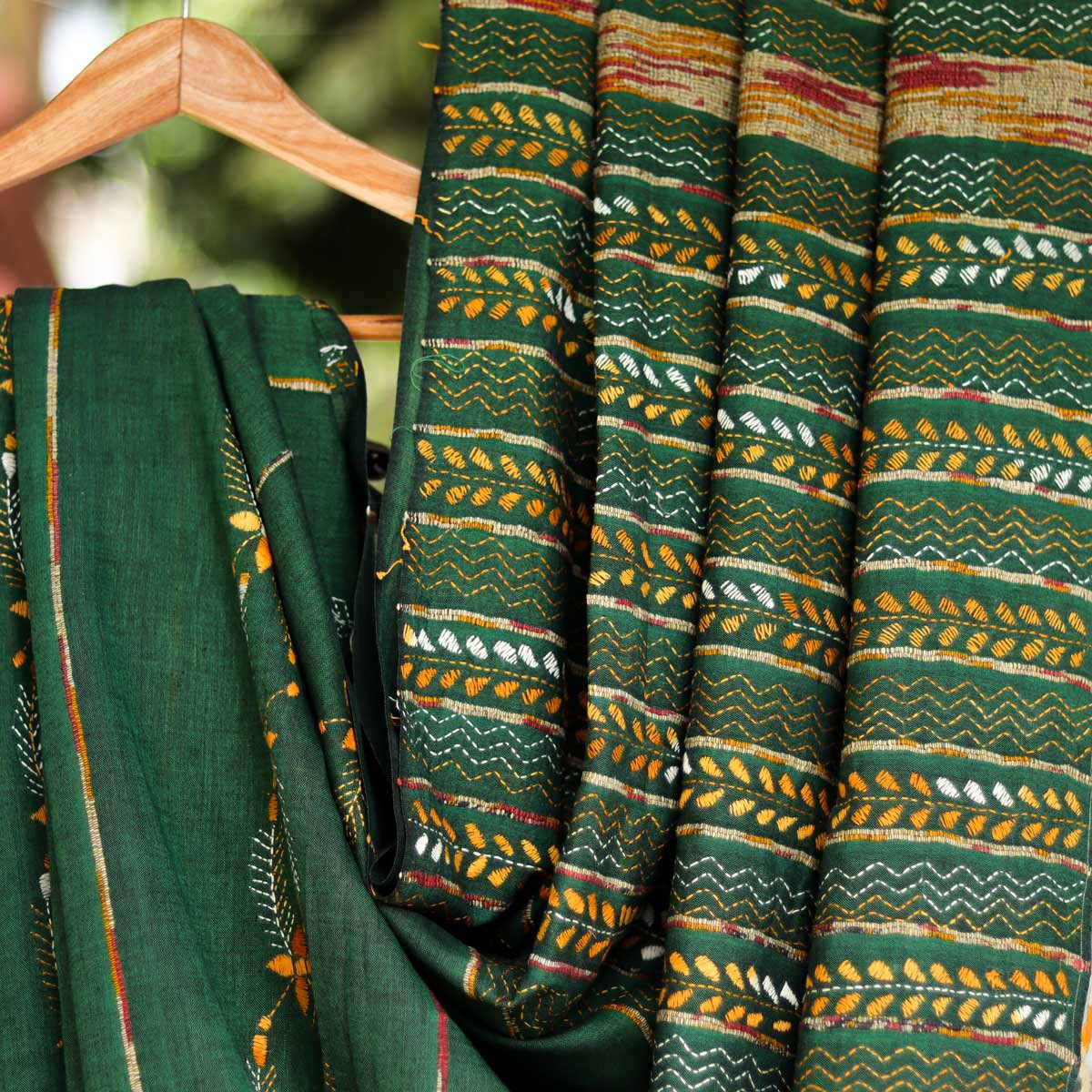 Cotton Kantha-stitch Saree- Green