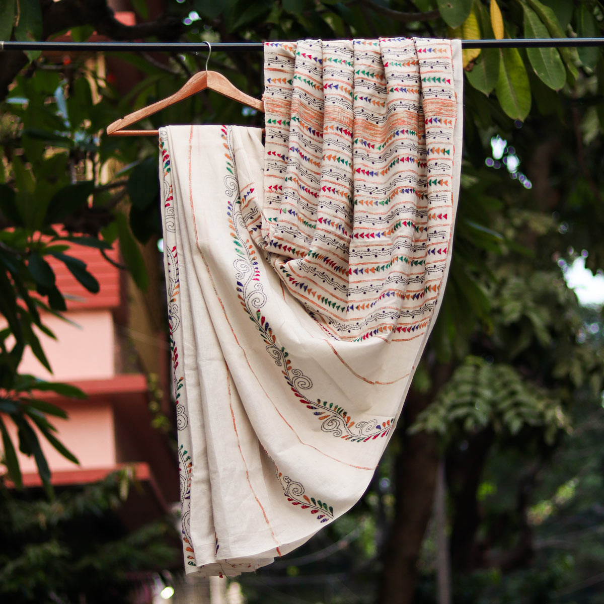 Cotton Kantha-stitch Saree- White