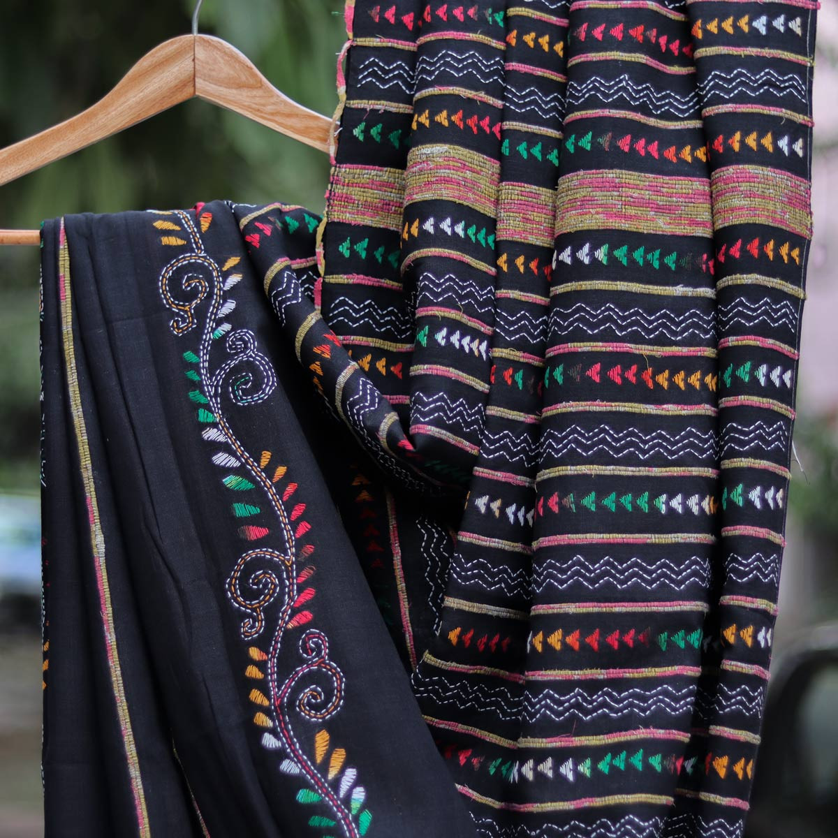 Kantha-stitch Black Cotton Saree